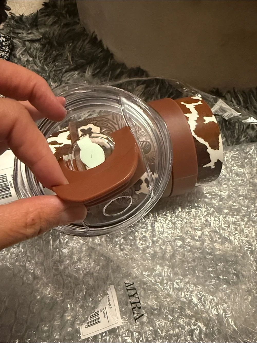 Brown Cowhide Pattern Insulated Travel Mug with Leather Wrap